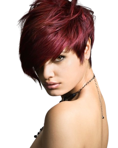 Female model with short red hair.