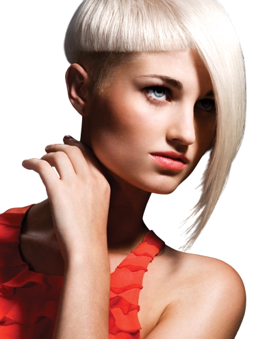 Female model with short blonde hair.