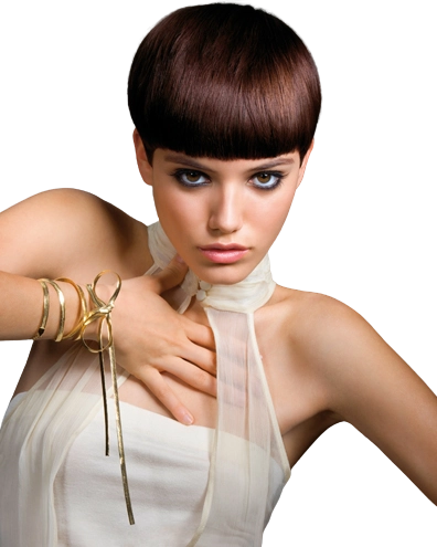 Female model with short brown hair.